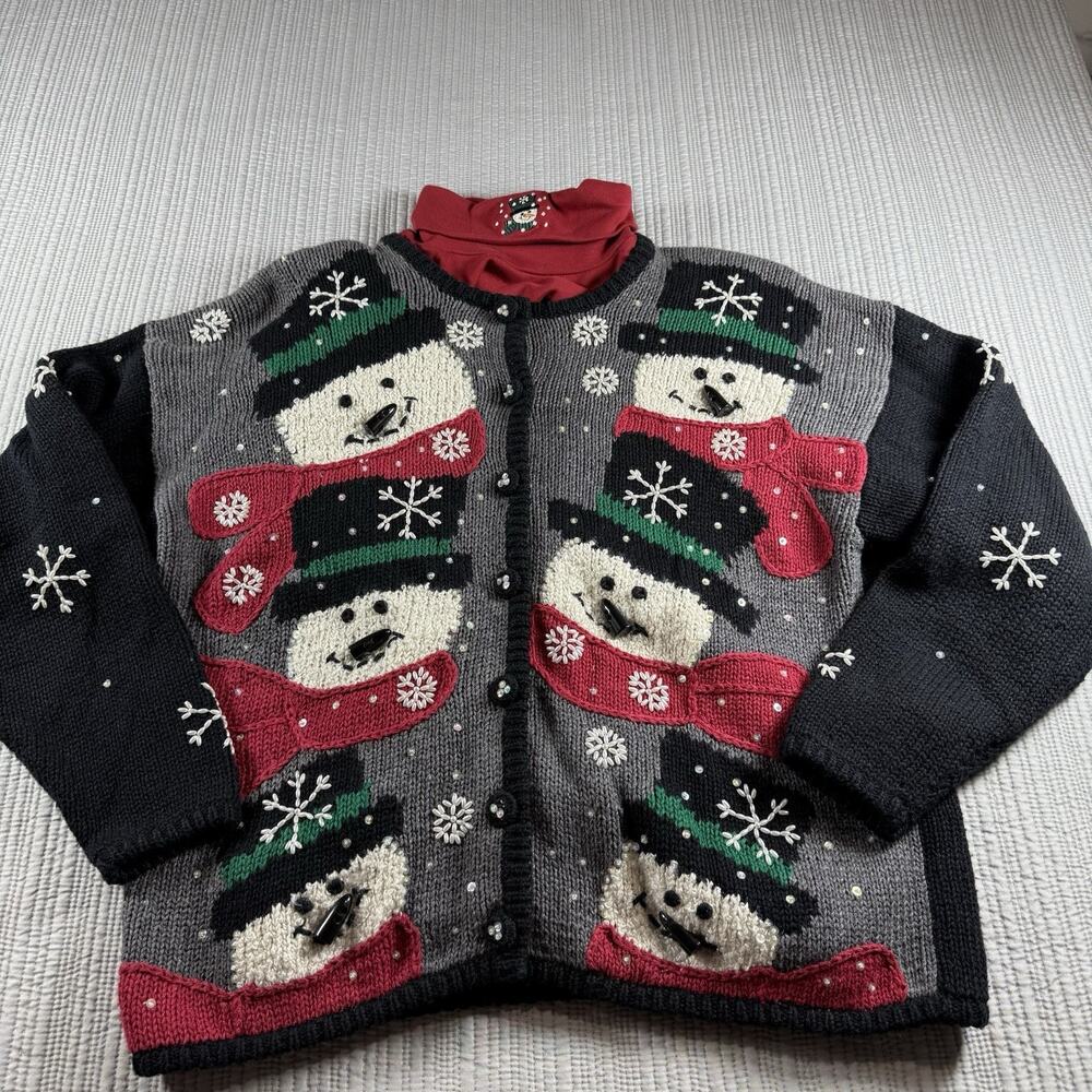 Vintage PBJ Knit Sweater Women’s M Winter Snowman Snowflakes Grandmacore